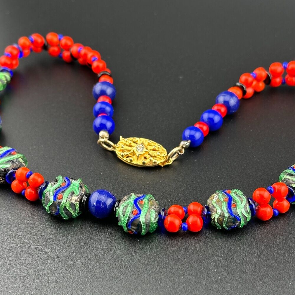 Art Glass Lampwork Bead Necklace Vintage Handmade Gold Plated Clasp Red Blue 17"